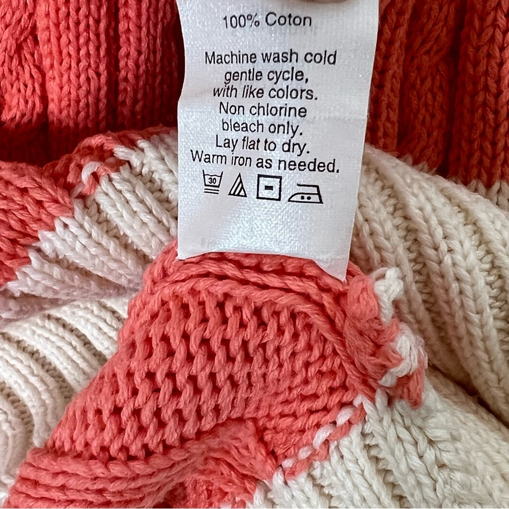 J. Crew Striped Cable Knit Cotton Sweater Cream Coral Salmon Size Medium - Picture 7 of 7
